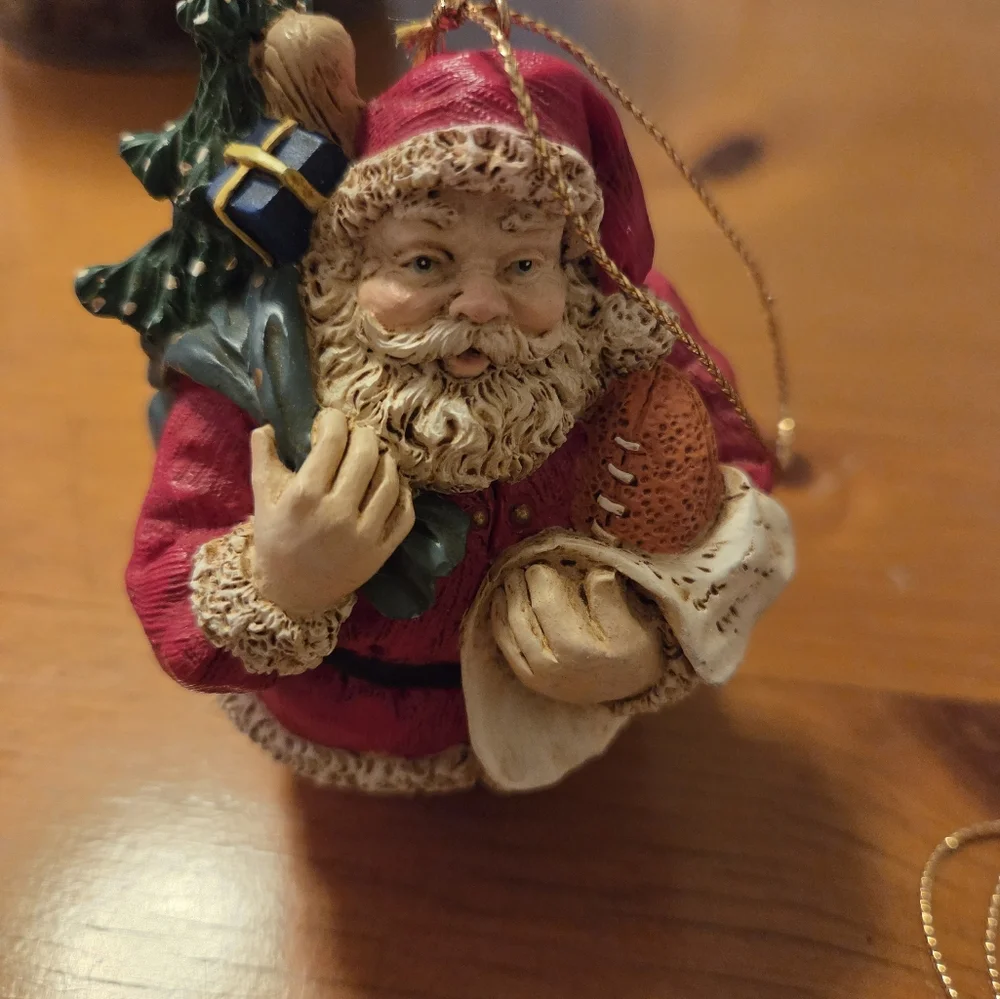Set Of Santa Ornaments With Footballs One Resin (Roly Poly) And One Ceramic